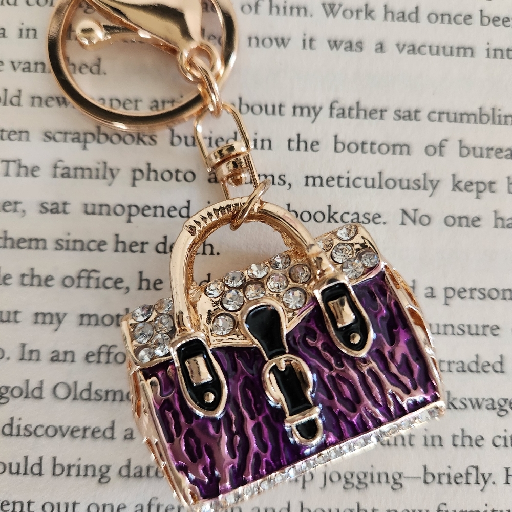 New Rhinestone Handbag Bag Charm Keychain Purple Red With Gold Detailing - Picture 2 of 6